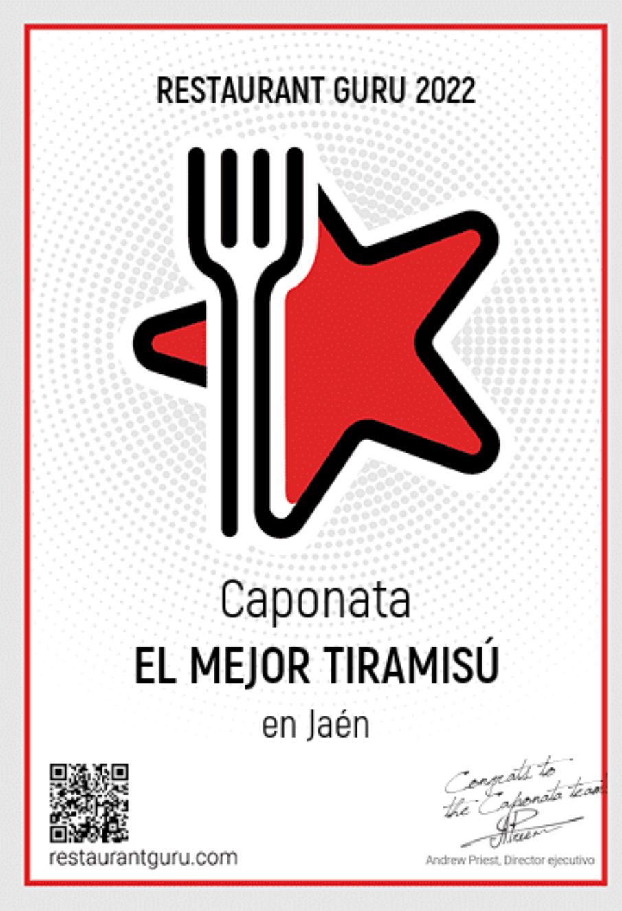 Reconocimiento como El mejor tiramisù en Jaén obtenido por Restaurant Guru 2023